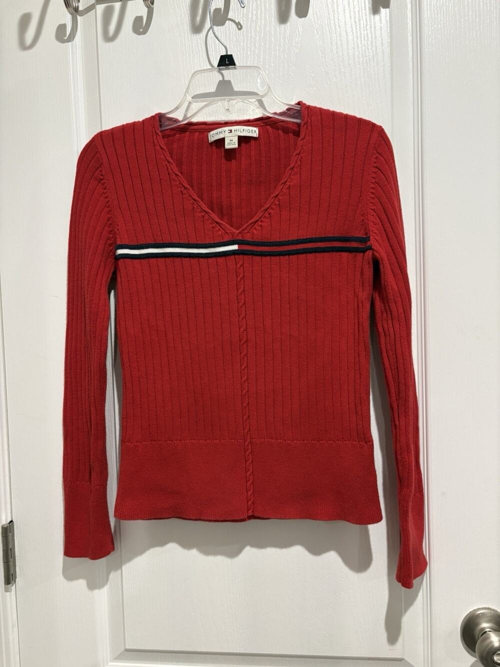 Vintage Y2K Tommy Hilfiger Red Ribbed V-Neck Cable Knit Sweater Women's M